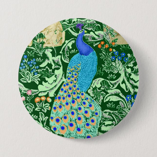 Art nouveau Peacock Print, Cobalt Blue & Grönt Knapp (Framsida)
