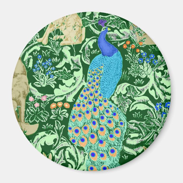 Art nouveau Peacock Print, Cobalt Blue & Grönt Magnet (Framsidan)