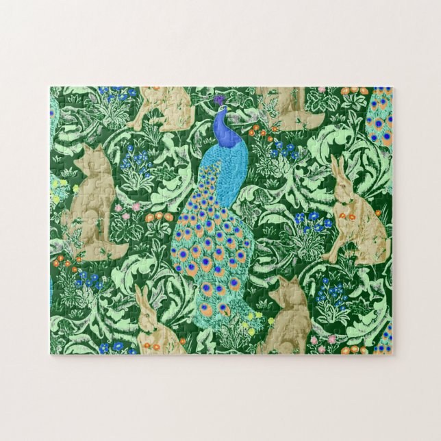 Art nouveau Peacock Print, Cobalt Blue & Grönt Pussel (Horisontell)