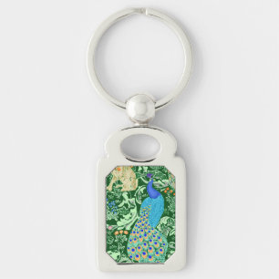 Art nouveau Peacock Print, Cobalt Blue & Grönt Rektangulärt Silverfärgad Nyckelring