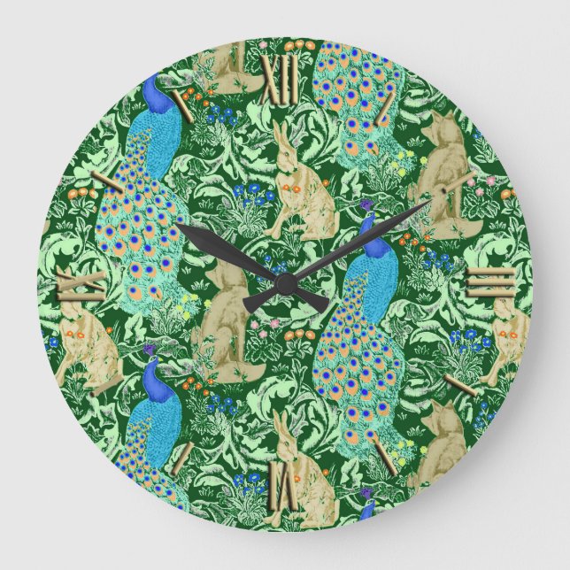 art nouveau Peacock Print, Cobalt Blue & Grönt Stor Klocka (Framsida)