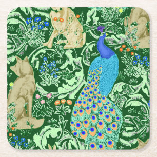Art nouveau Peacock Print, Cobalt Blue & Grönt Underlägg Papper Kvadrat