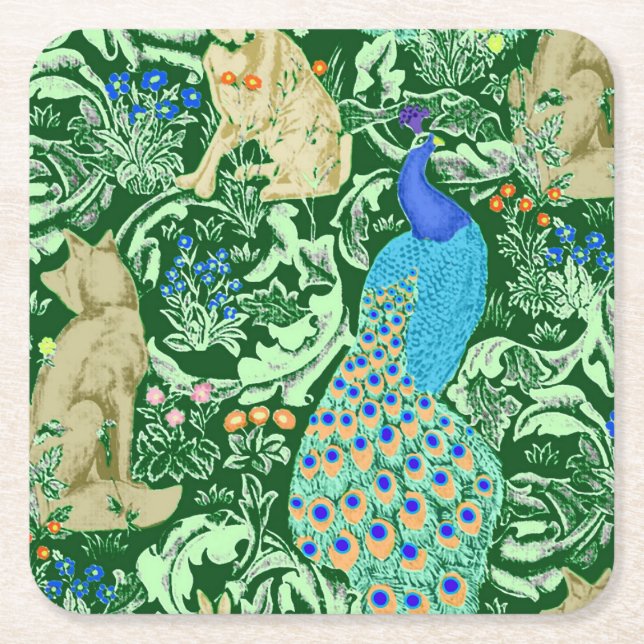 Art nouveau Peacock Print, Cobalt Blue & Grönt Underlägg Papper Kvadrat (Framsidan)