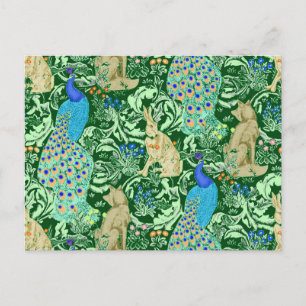 Art nouveau Peacock Print, Cobalt Blue & Grönt Vykort
