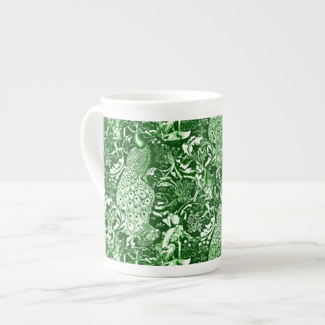 Art nouveau Peacock Print, Forest Grönt Benporslin Mugg (Framsida vänster)
