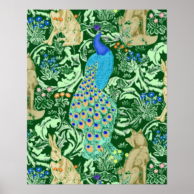 Art nouveau Peacock Print, Forest Grönt Poster (Framsidan)