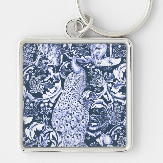 Art nouveau Peacock Print, Navy and White Fyrkantig Silverfärgad Nyckelring (Framsidan)