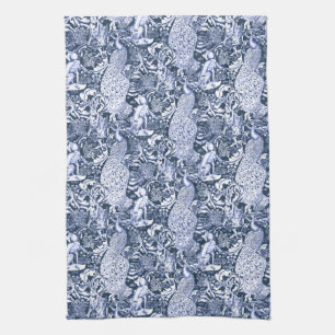 Art nouveau Peacock Print, Navy and White Kökshandduk