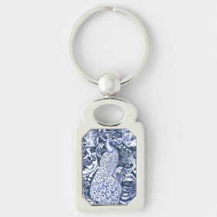 Art nouveau Peacock Print, Navy and White Rektangulärt Silverfärgad Nyckelring