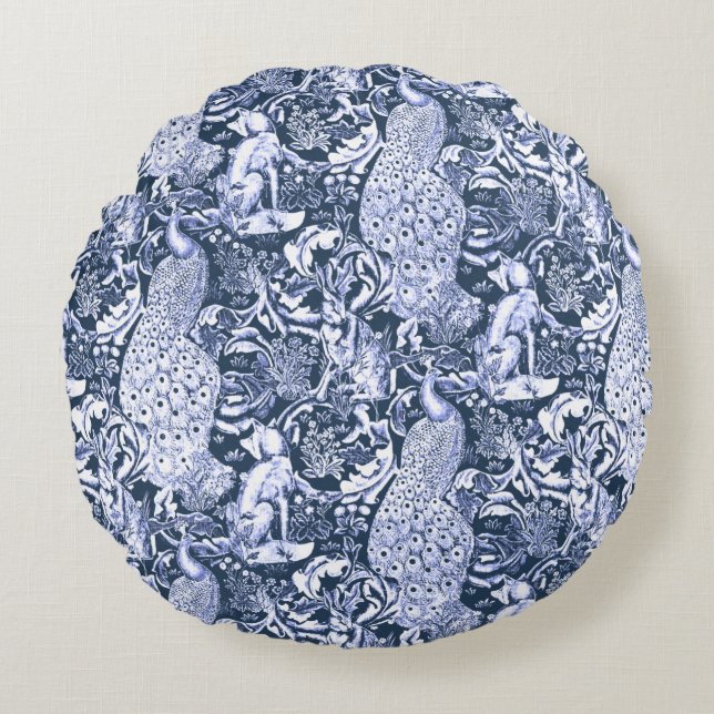 Art nouveau Peacock Print, Navy and White Rund Kudde (Framsidan)