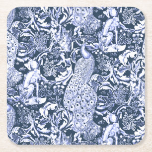 Art nouveau Peacock Print, Navy and White Underlägg Papper Kvadrat
