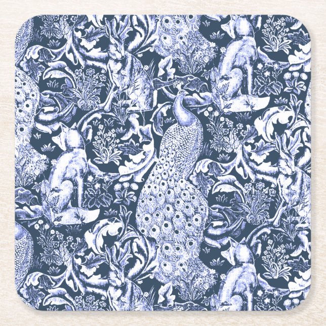 Art nouveau Peacock Print, Navy and White Underlägg Papper Kvadrat (Framsidan)