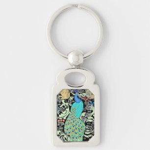 Art nouveau Peacock Print, Turcos & Neutralts Rektangulärt Silverfärgad Nyckelring