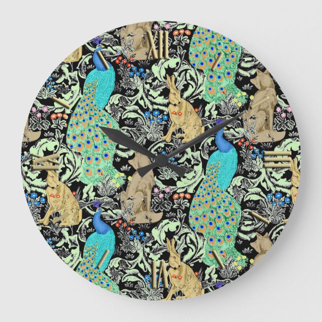 Art nouveau Peacock Print, Turcos & Neutralts Stor Klocka (Framsida)
