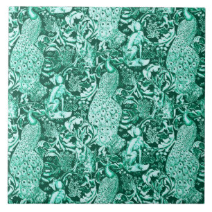 Art nouveau Peacock Print, Turquise och Aqua Kakelplatta