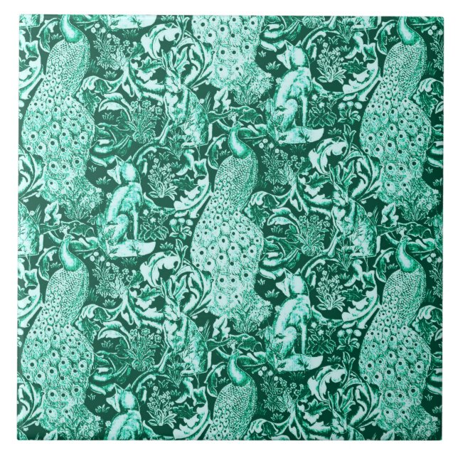 Art nouveau Peacock Print, Turquise och Aqua Kakelplatta (Framsidan)