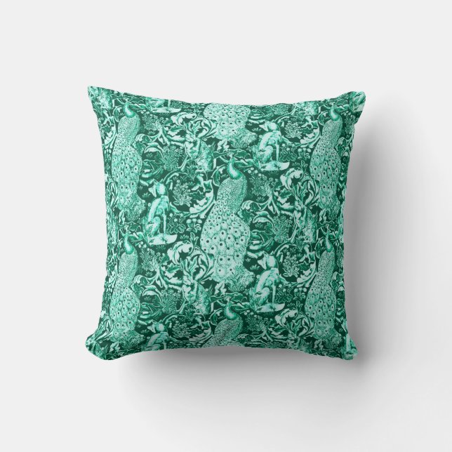 Art nouveau Peacock Print, Turquise och Aqua Kudde (Framsida)
