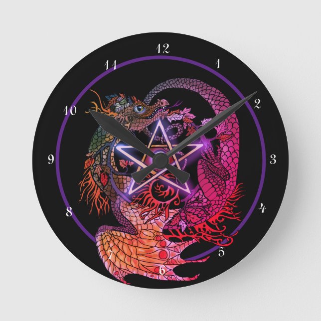 Art nouveau Pentacle Dragon Rund Klocka (Framsida)