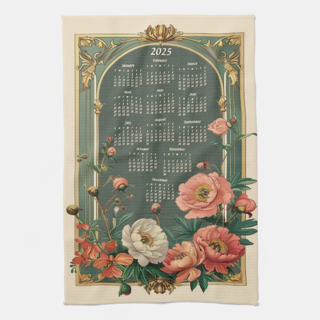 Art nouveau Peony 2025 Gift Calendar Kökshandduk (Vertikal)