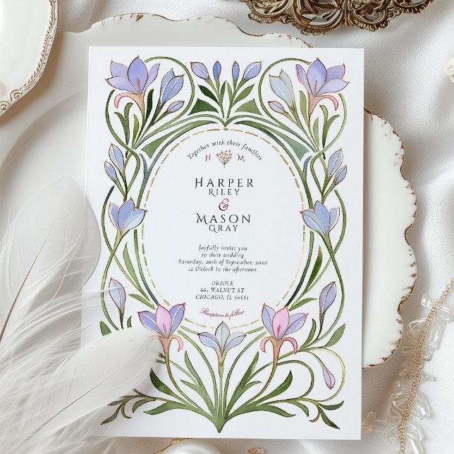 Art nouveau Periwinkle Blue Blommigt Bröllop Inbjudningar (Skapare uppladdad)