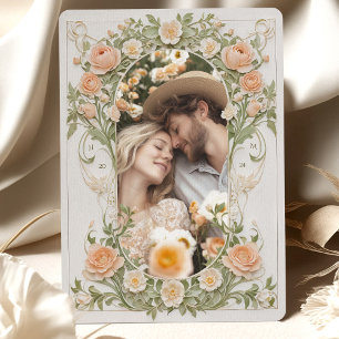 Art nouveau Photo Bröllop Peach Ranunculus Inbjudningar