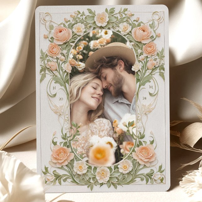 Art nouveau Photo Bröllop Peach Ranunculus Inbjudningar (Skapare uppladdad)