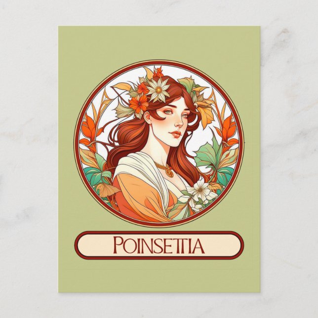 Art nouveau Poinsettia Woman Vykort (Framsida)