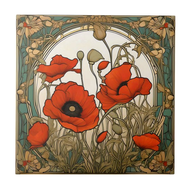 Art nouveau Poppies Flowers Kakelplatta (Framsidan)