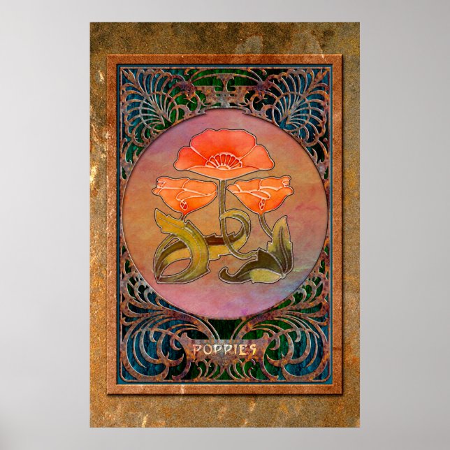 Art nouveau Poppies i Coppery Mucha Ram Poster (Framsidan)