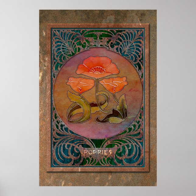 Art nouveau Poppies i en Coppery Mucha Ram Poster (Framsidan)