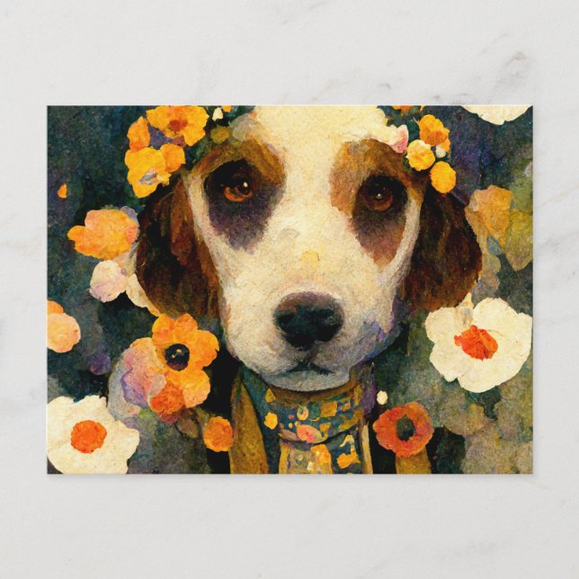 Art Nouveau portrait of Beagle dog with flowers Vykort (Framsida)