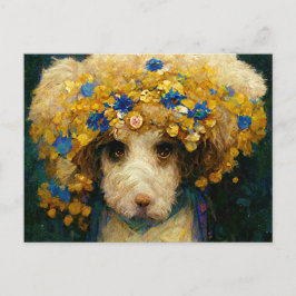 Art Nouveau portrait of poodle dog with flowers Vykort