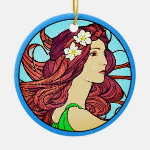 Art Nouveau-porträtt av en kvinna med rött hår Julgransprydnad Keramik