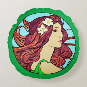 Art Nouveau-porträtt av en kvinna på smaragdgrön Rund Kudde
