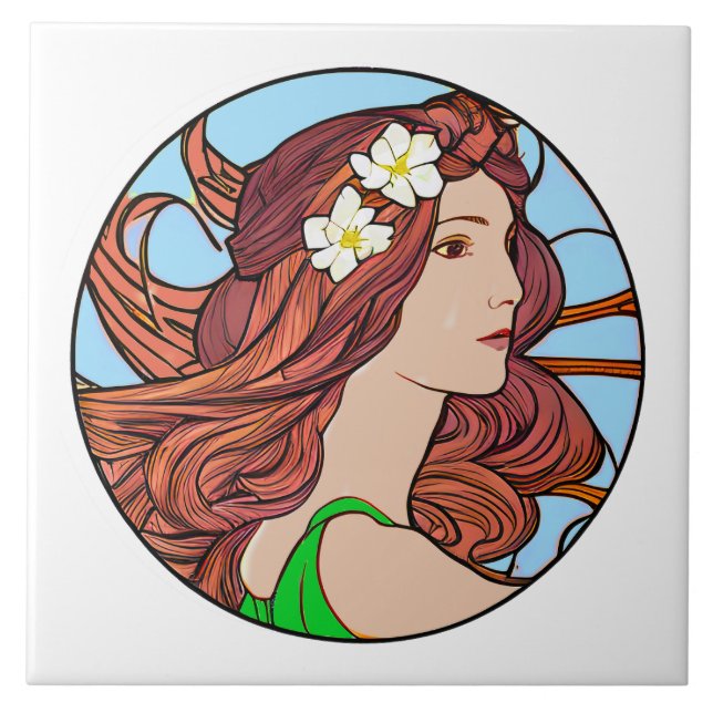 Art nouveau Porträtt i en kvinna med Red Hair Kakelplatta (Framsidan)