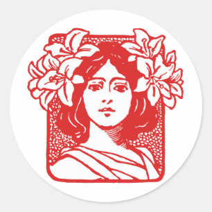 Art nouveau Porträtt i Woman med Lilies Runt Klistermärke