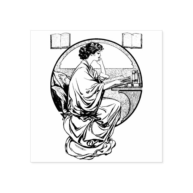 Art nouveau Reading Bokar Rubber Frimärke Stämpel (Tryck)