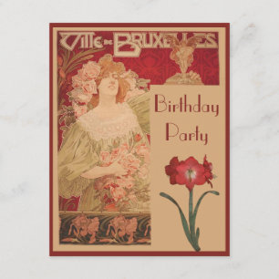 Art nouveau Red Amaryllis & Dam Födelsedagsfest Inbjudningar