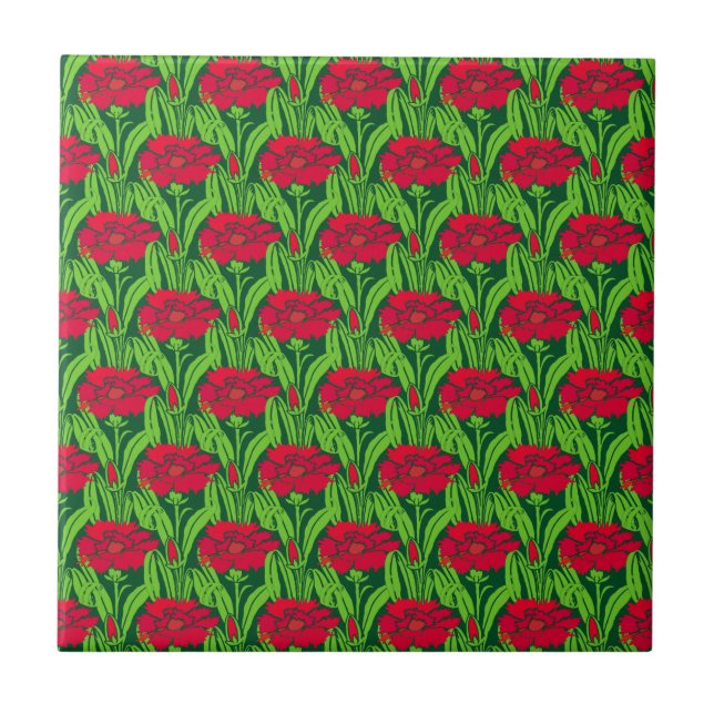 Art nouveau red Carnations blommigt Damm Kakelplatta (Framsidan)