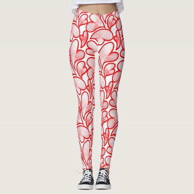 Art Nouveau Red Hearts Foliage Leggings (Framsida)