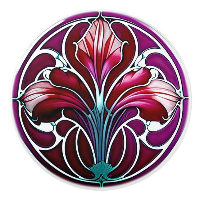 Art nouveau Red Lila Stylized Lily 2 Knopp (Framsidan)