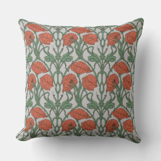 Art Nouveau Red Poppy Floral Print Kudde