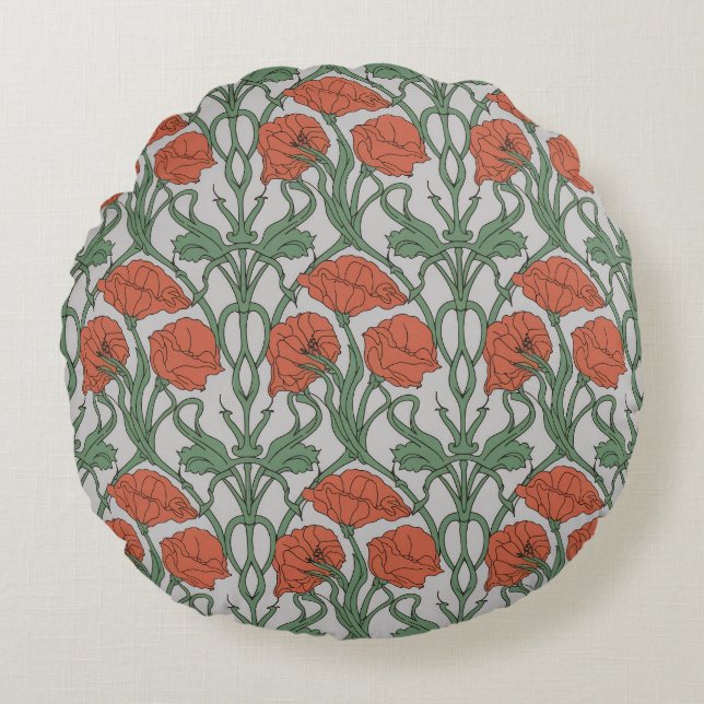 Art Nouveau Red Poppy Floral Print Rund Kudde (Framsidan)