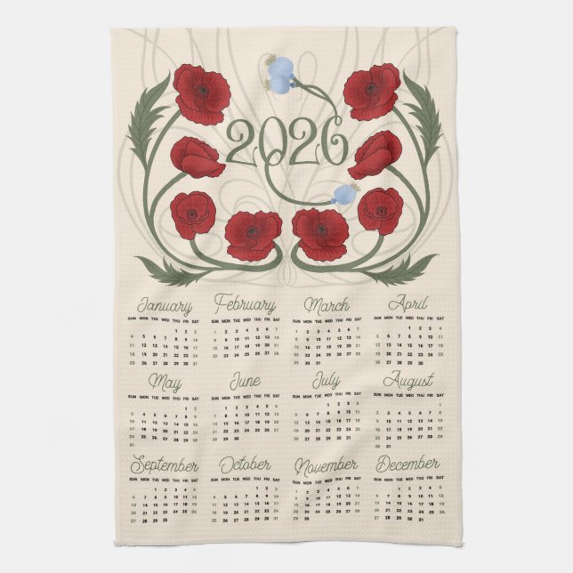 Art nouveau Retro Blommigt Red Poppy 2026 Calendar Kökshandduk (Vertikal)