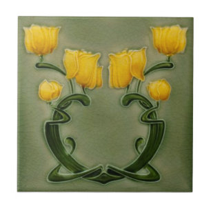 Art nouveau Richards Gult Tulips on Grönt Repro Kakelplatta
