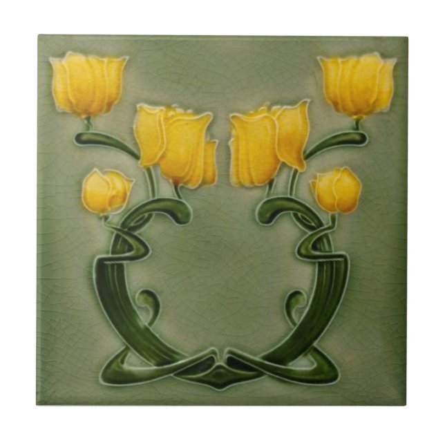 Art nouveau Richards Gult Tulips on Grönt Repro Kakelplatta (Framsidan)