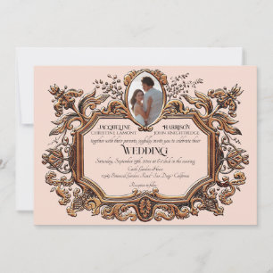 Art nouveau Rococo Elegant Guld Rosa Photo Bröllop Inbjudningar