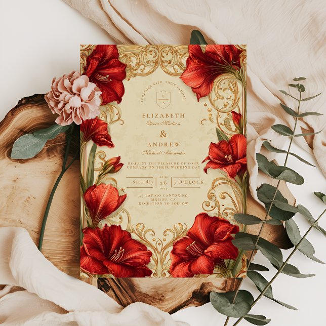 Art Nouveau Röd Amaryllis Bröllop Inbjudningar (Skapare uppladdad)