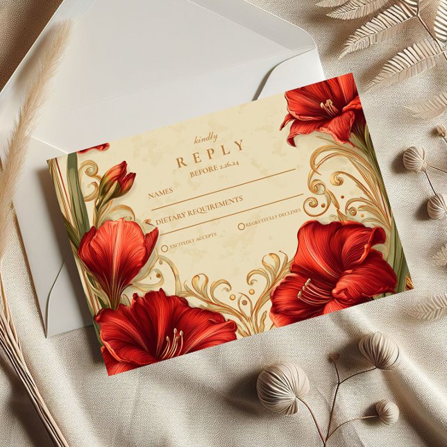Art Nouveau Röd Amaryllis Bröllop OSA Kort (Skapare uppladdad)