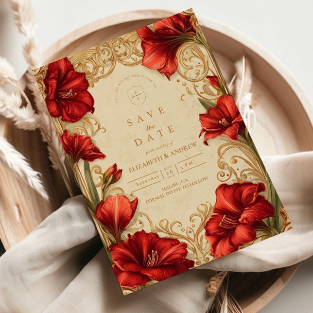Art Nouveau Röd Amaryllis Bröllop Spara Datumet (Skapare uppladdad)